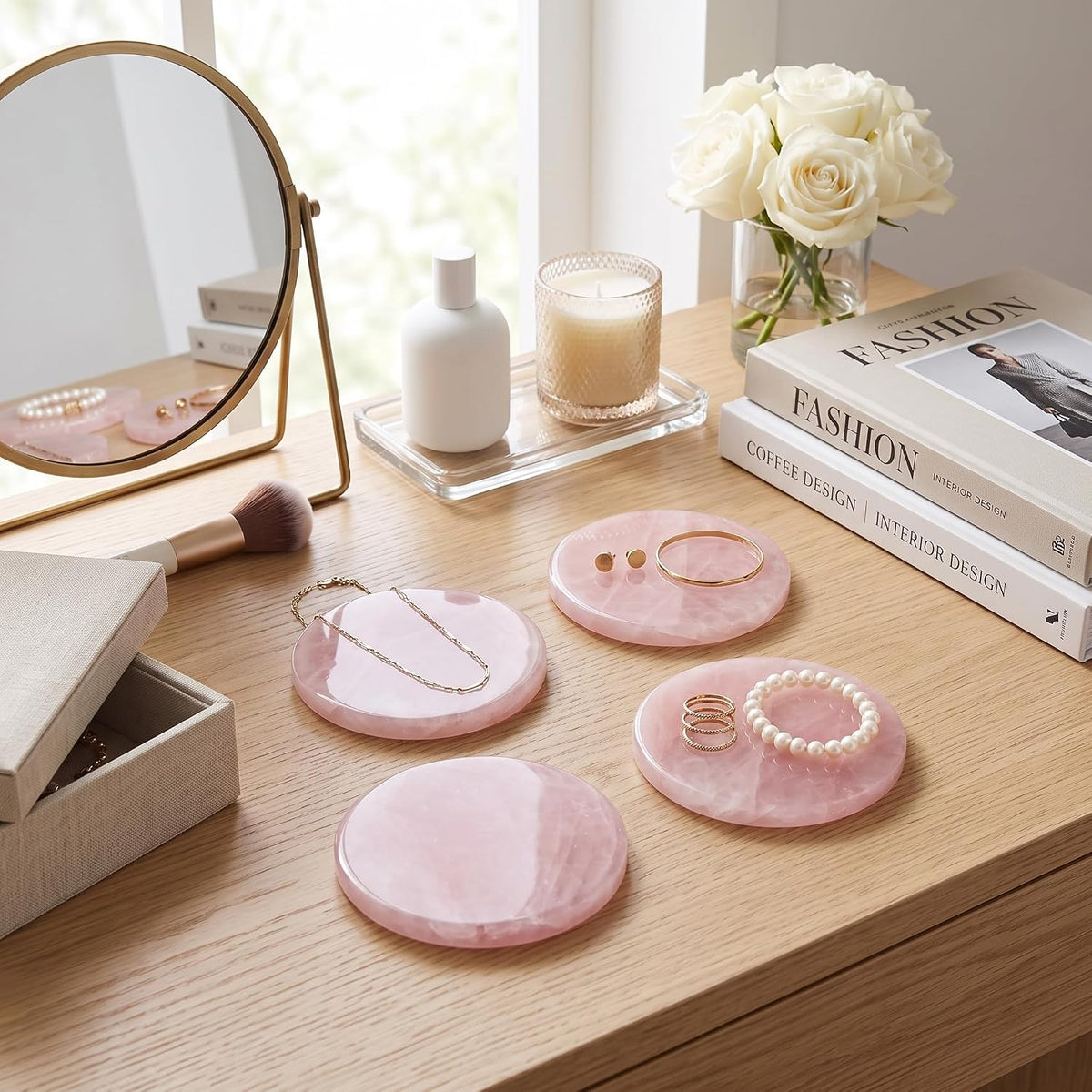 Rose Quartz Coasters Round Set of 4 - Natural Pink Crystal Stone Drink Coasters 4" with Rubber Bumpers for Home Decor, Wedding Gift, Vanity Tray