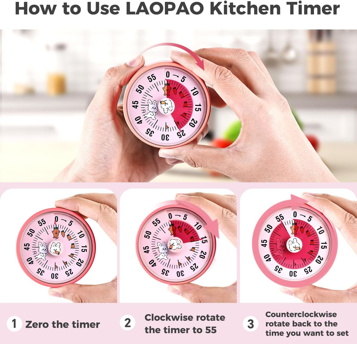 Kitchen Timer, Kitchen Countdown Cooking Reminder No Battery Required Magnetic Time Management Timer, Pink