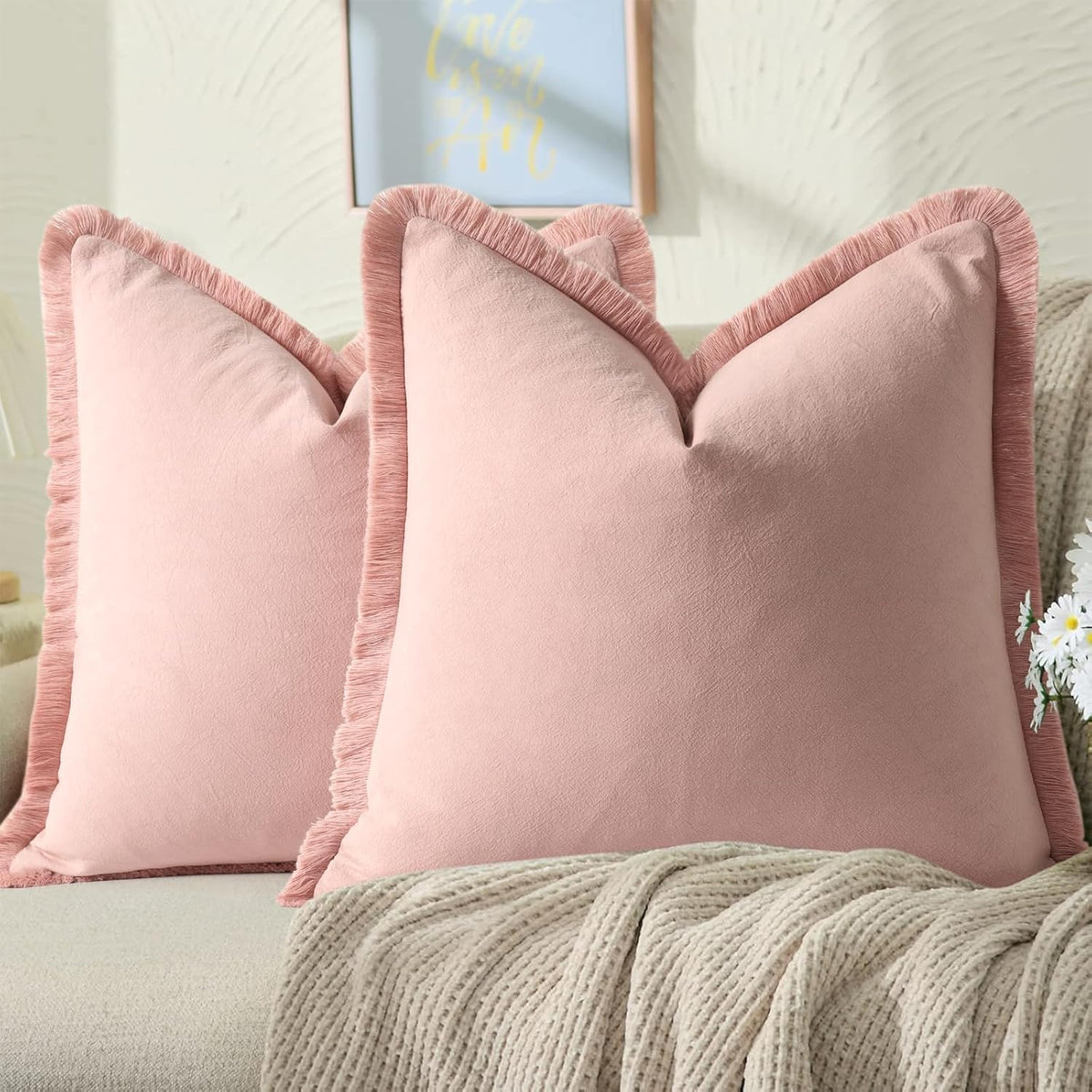 Pillow Covers 18x18 Set of 2 Dusty Pink Throw Pillow Covers with Fringe Chic Cotton Decorative Pillows Square Cushion Covers for Sofa Couch Bed Living Room Farmhouse Boho Decor