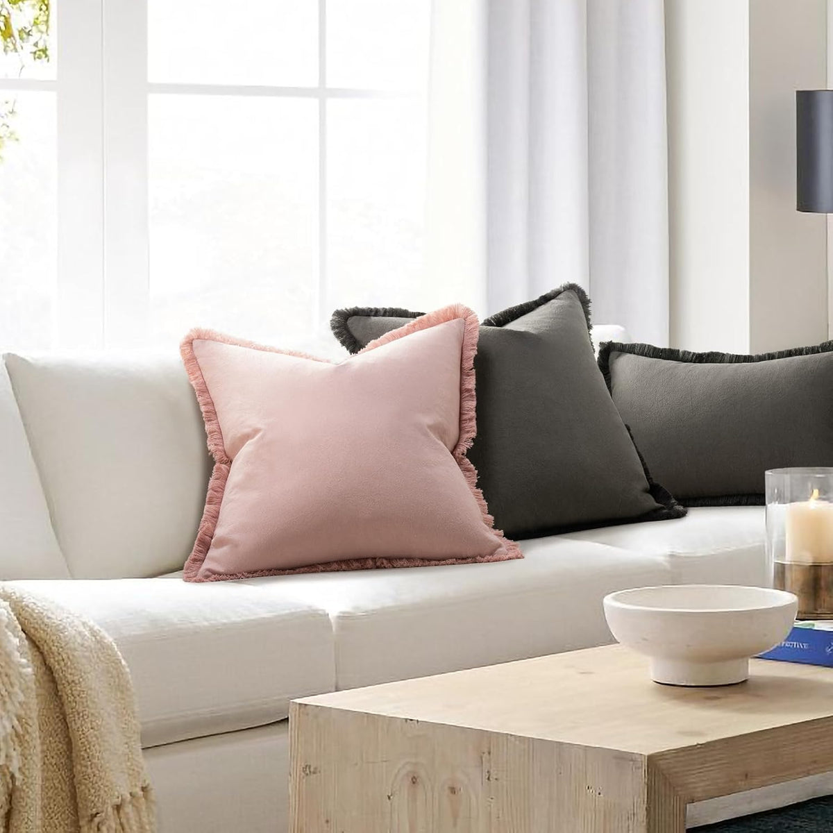 Pillow Covers 18x18 Set of 2 Dusty Pink Throw Pillow Covers with Fringe Chic Cotton Decorative Pillows Square Cushion Covers for Sofa Couch Bed Living Room Farmhouse Boho Decor
