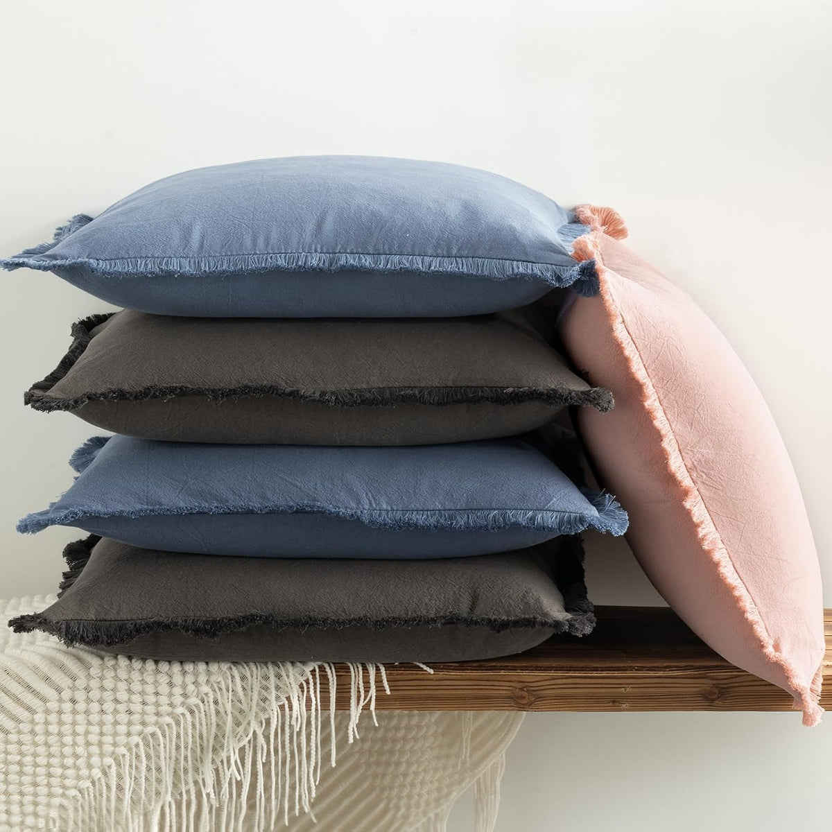 Pillow Covers 18x18 Set of 2 Dusty Pink Throw Pillow Covers with Fringe Chic Cotton Decorative Pillows Square Cushion Covers for Sofa Couch Bed Living Room Farmhouse Boho Decor