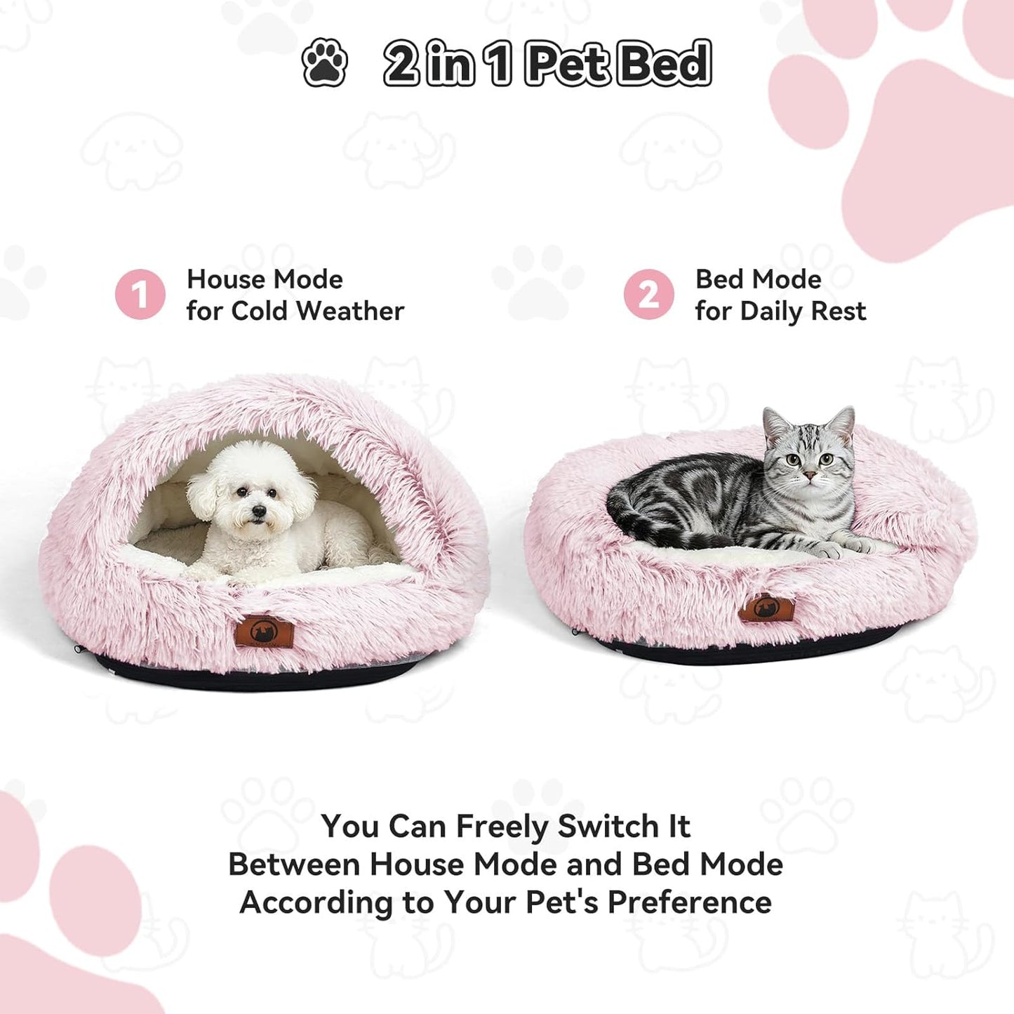 Washable Dog Bed, Windproof Round Hooded Cat Bed Cave for Small Medium Pets, Self Warming Anti-Anxiety House with Fluffy Cover (Pink-S)