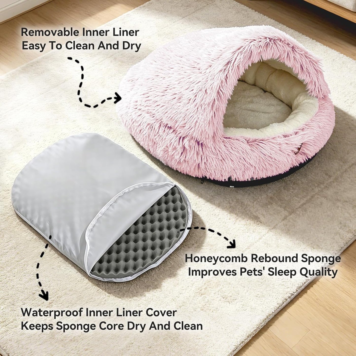 Washable Dog Bed, Windproof Round Hooded Cat Bed Cave for Small Medium Pets, Self Warming Anti-Anxiety House with Fluffy Cover (Pink-S)