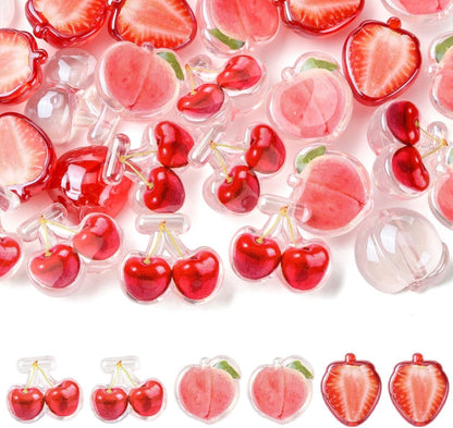 Stiesy Red Fruit Beads 30Pcs, 3 Styles Strawberry Cherry Peach Shape Transparent Acrylic DIY Craft Beads Bulk for Summer Theme Jewelry Making Keychain Craft Supplies