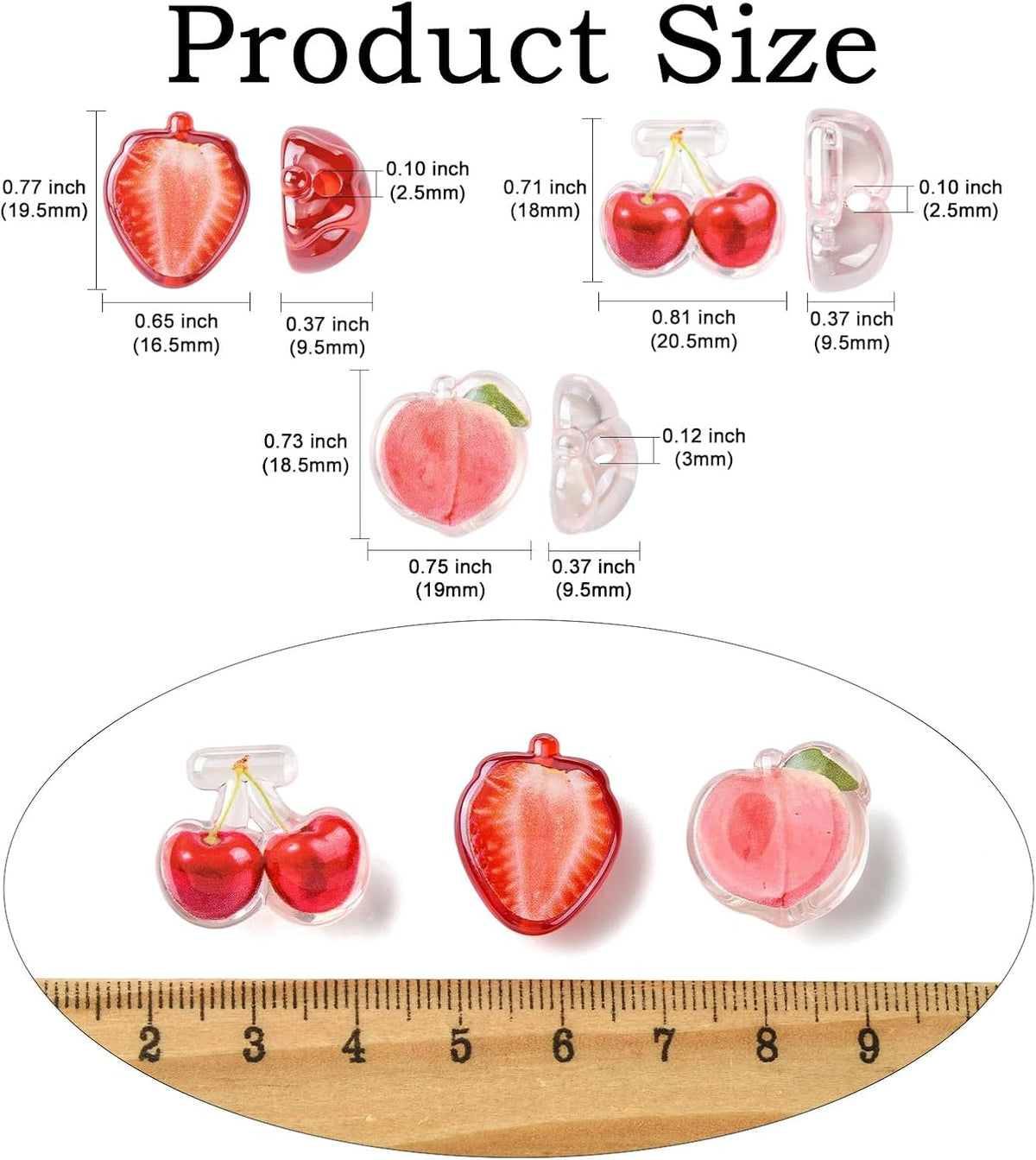 Stiesy Red Fruit Beads 30Pcs, 3 Styles Strawberry Cherry Peach Shape Transparent Acrylic DIY Craft Beads Bulk for Summer Theme Jewelry Making Keychain Craft Supplies