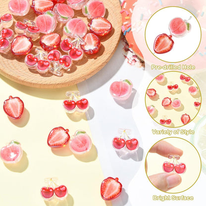 Stiesy Red Fruit Beads 30Pcs, 3 Styles Strawberry Cherry Peach Shape Transparent Acrylic DIY Craft Beads Bulk for Summer Theme Jewelry Making Keychain Craft Supplies