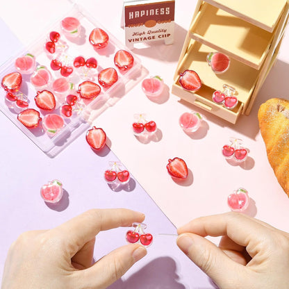 Stiesy Red Fruit Beads 30Pcs, 3 Styles Strawberry Cherry Peach Shape Transparent Acrylic DIY Craft Beads Bulk for Summer Theme Jewelry Making Keychain Craft Supplies