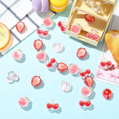 Stiesy Red Fruit Beads 30Pcs, 3 Styles Strawberry Cherry Peach Shape Transparent Acrylic DIY Craft Beads Bulk for Summer Theme Jewelry Making Keychain Craft Supplies