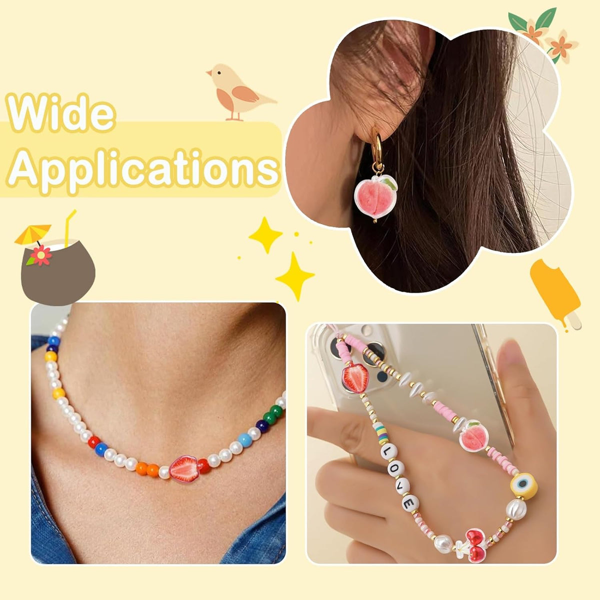 Stiesy Red Fruit Beads 30Pcs, 3 Styles Strawberry Cherry Peach Shape Transparent Acrylic DIY Craft Beads Bulk for Summer Theme Jewelry Making Keychain Craft Supplies