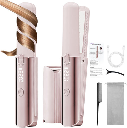 CHIKYO Cordless 2 in 1 Hair Straightener Portable On-The-Go Curling Iron, Portable Power Bank, 7 Temps, LED Display, Rechargeable Mini Flat Iron for Travel, 5000mAh Battery, Pink