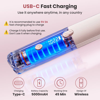 CHIKYO Cordless 2 in 1 Hair Straightener Portable On-The-Go Curling Iron, Portable Power Bank, 7 Temps, LED Display, Rechargeable Mini Flat Iron for Travel, 5000mAh Battery, Pink