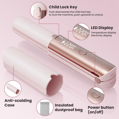 CHIKYO Cordless 2 in 1 Hair Straightener Portable On-The-Go Curling Iron, Portable Power Bank, 7 Temps, LED Display, Rechargeable Mini Flat Iron for Travel, 5000mAh Battery, Pink