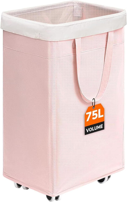75L Rolling Laundry Basket with Wheels Removable Wash Bag, Pink