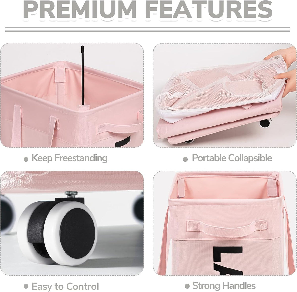 75L Rolling Laundry Basket with Wheels Removable Wash Bag, Pink