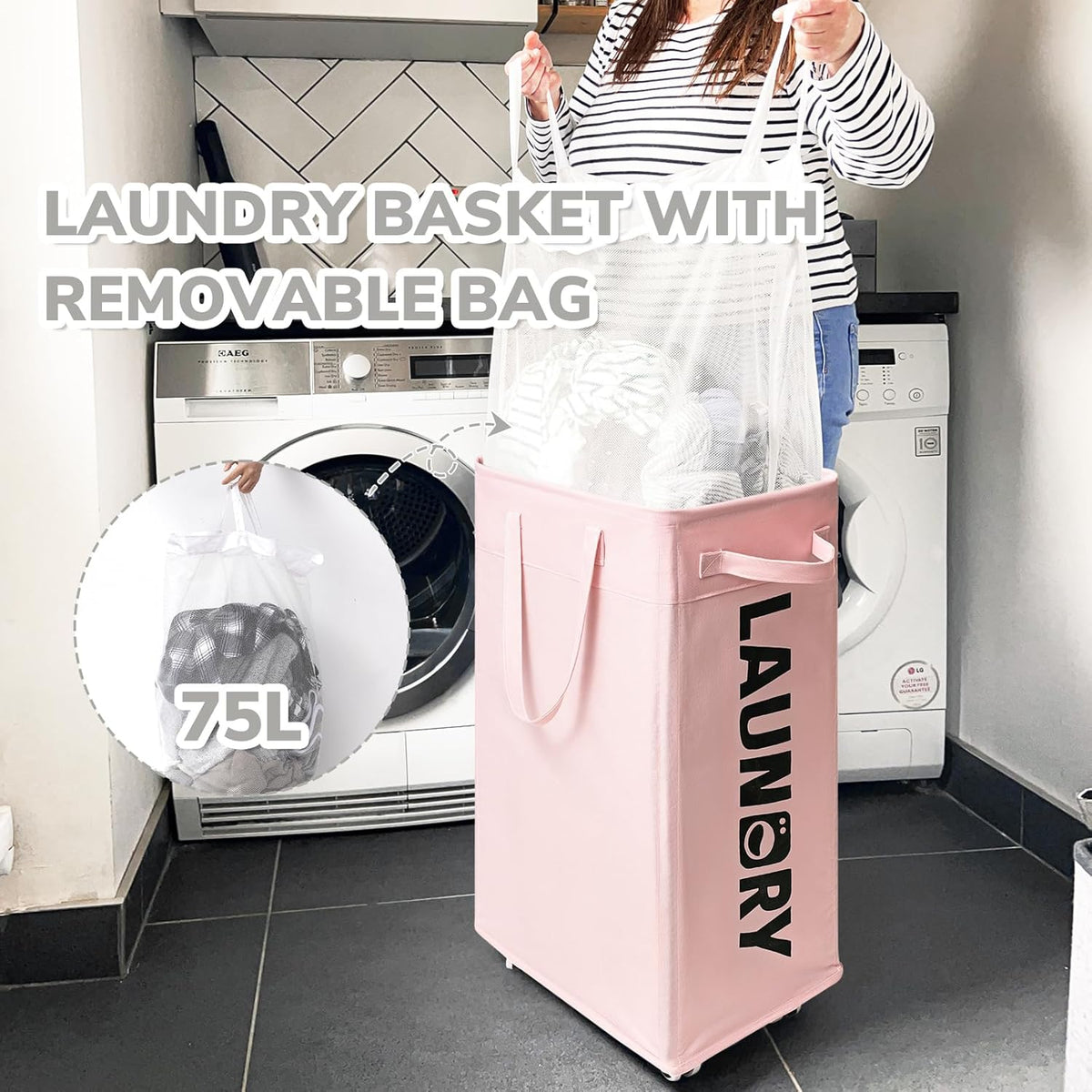 75L Rolling Laundry Basket with Wheels Removable Wash Bag, Pink