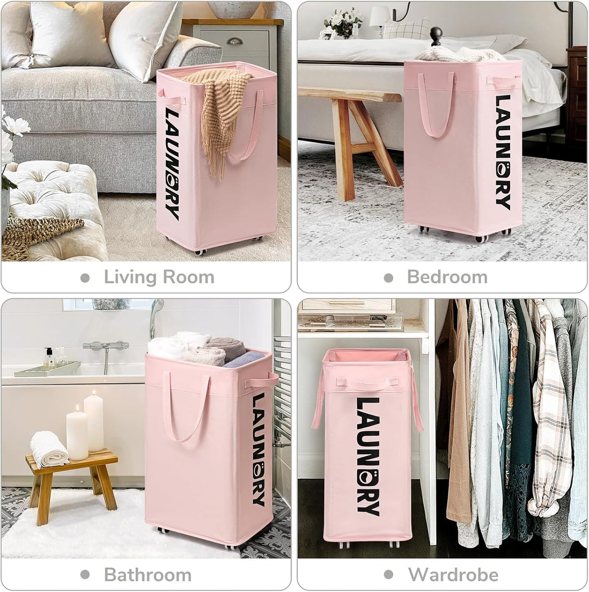 75L Rolling Laundry Basket with Wheels Removable Wash Bag, Pink