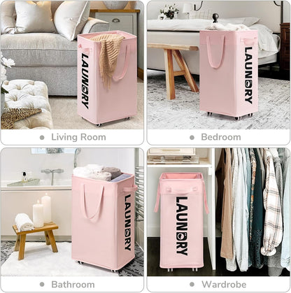 75L Rolling Laundry Basket with Wheels Removable Wash Bag, Pink