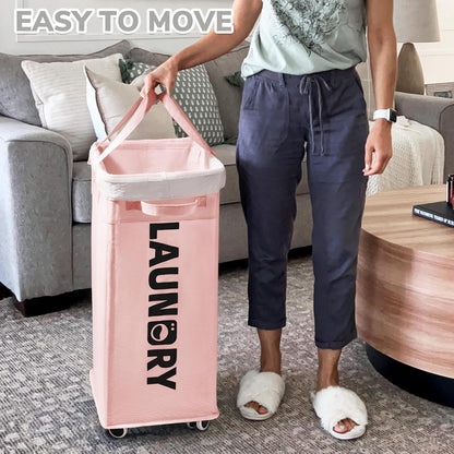 75L Rolling Laundry Basket with Wheels Removable Wash Bag, Pink