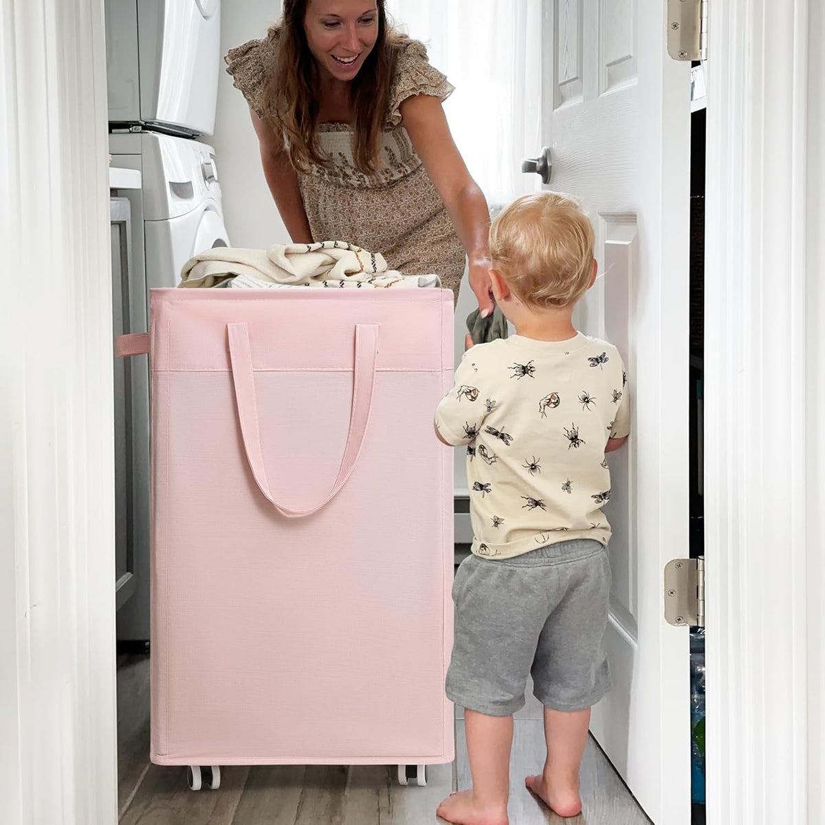 75L Rolling Laundry Basket with Wheels Removable Wash Bag, Pink