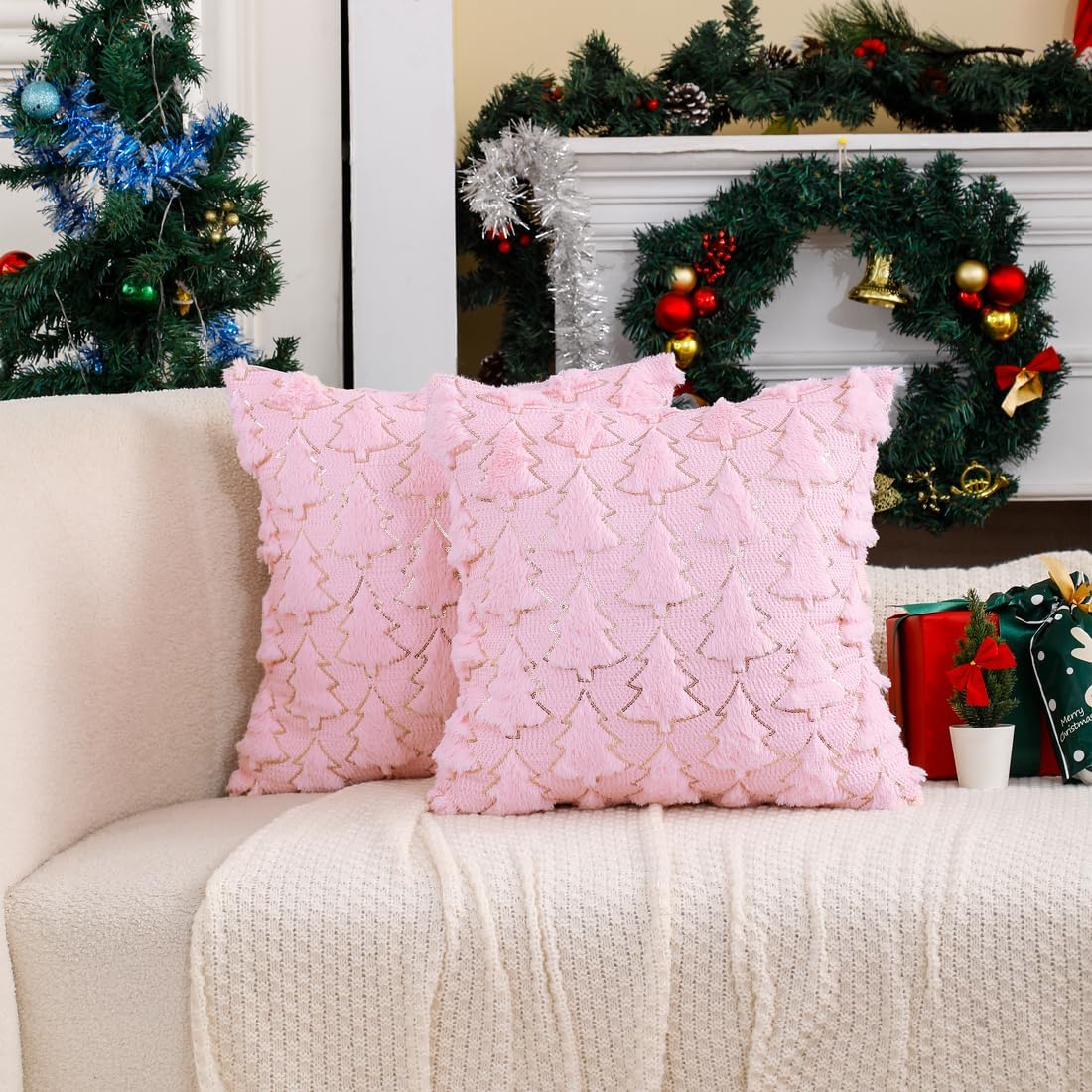 Christmas Pink Throw Pillow Covers 18x18 Set of 2 Embroidered Decorative Xmas Cushion Cases Holiday Soft Home Decor for Bedroom Sofa Chair Porch Winter