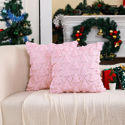 Christmas Pink Throw Pillow Covers 18x18 Set of 2 Embroidered Decorative Xmas Cushion Cases Holiday Soft Home Decor for Bedroom Sofa Chair Porch Winter