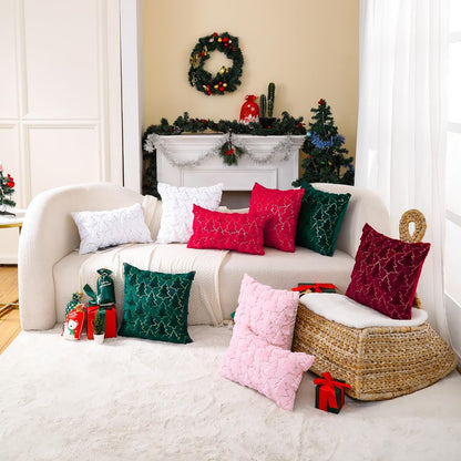 Christmas Pink Throw Pillow Covers 18x18 Set of 2 Embroidered Decorative Xmas Cushion Cases Holiday Soft Home Decor for Bedroom Sofa Chair Porch Winter
