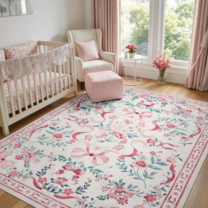DCX Washable 5x7 Bow Rug, Pink Floral Rug for Girls’ Bedroom, Cute Soft Low Pile Indoor Décor Carpet, Kid & Pet Friendly Nursery Rug for Living Room, Dorm, Playroom