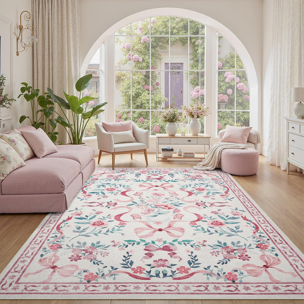 DCX Washable 5x7 Bow Rug, Pink Floral Rug for Girls’ Bedroom, Cute Soft Low Pile Indoor Décor Carpet, Kid & Pet Friendly Nursery Rug for Living Room, Dorm, Playroom