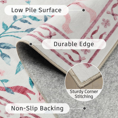 DCX Washable 5x7 Bow Rug, Pink Floral Rug for Girls’ Bedroom, Cute Soft Low Pile Indoor Décor Carpet, Kid & Pet Friendly Nursery Rug for Living Room, Dorm, Playroom