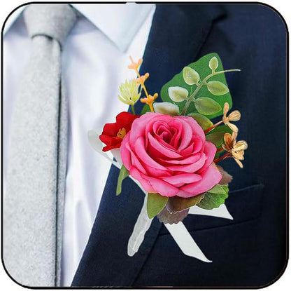 Bride Wedding Flower Boutonniere Red Rose Groom Buttonholes Prom Suit Decoration for Men and Groomsmans (Pink)