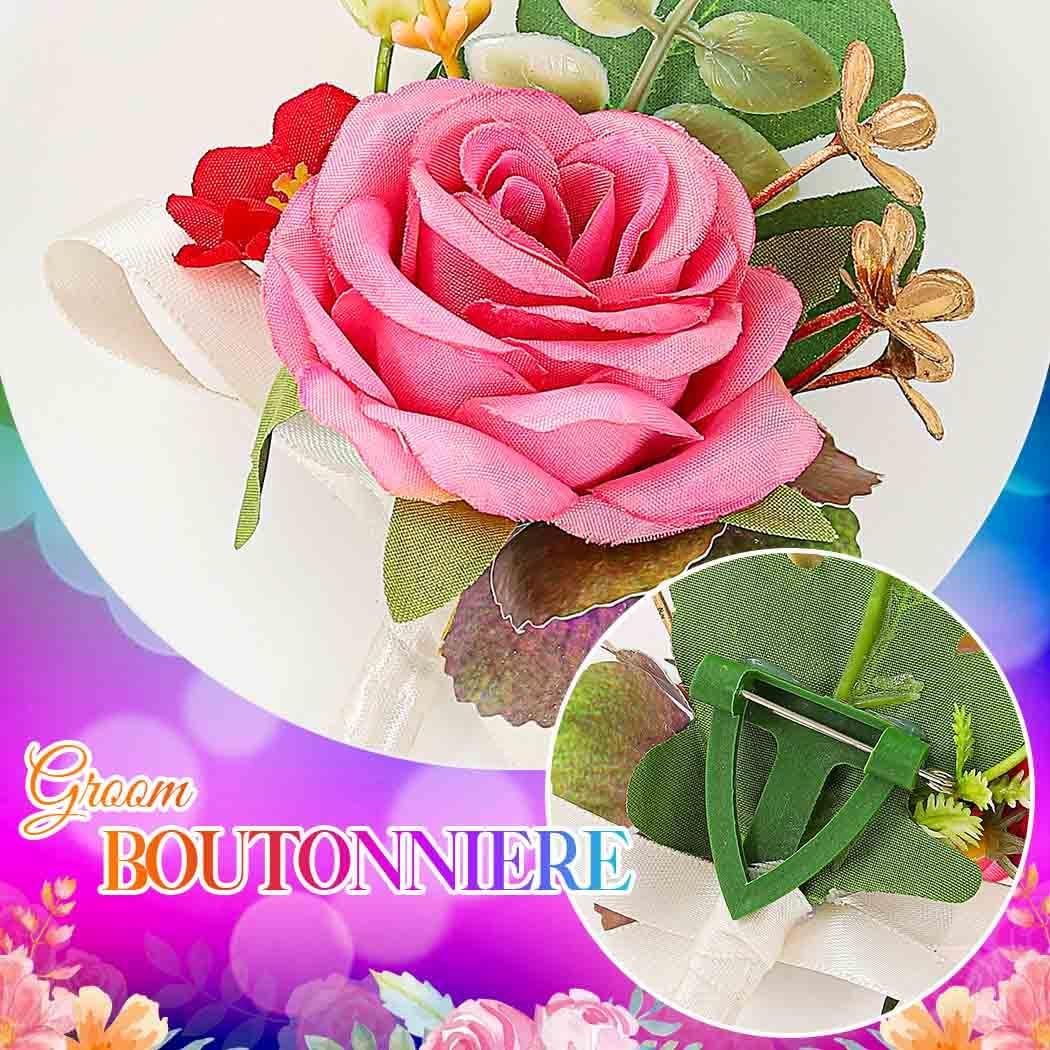 Bride Wedding Flower Boutonniere Red Rose Groom Buttonholes Prom Suit Decoration for Men and Groomsmans (Pink)