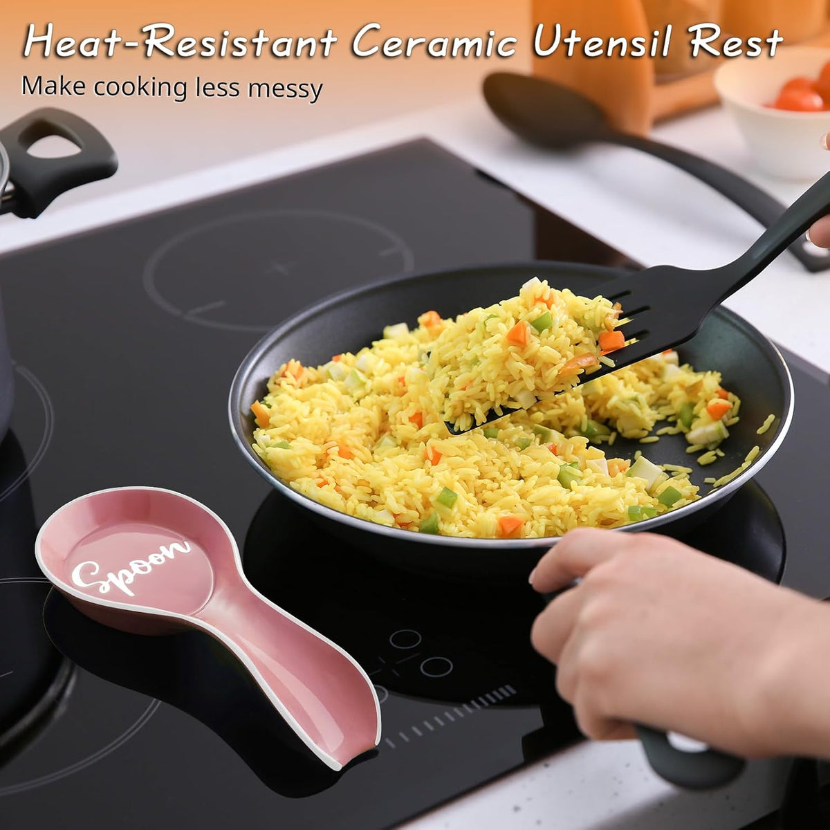Ceramic Spoon Rest for Stove Top, Large Spoon Holder, Spoon Rest for Kitchen Counter, Utensil Rest for Ladles, Spatula, Tong, Pink Kitchen Decor and Accessories