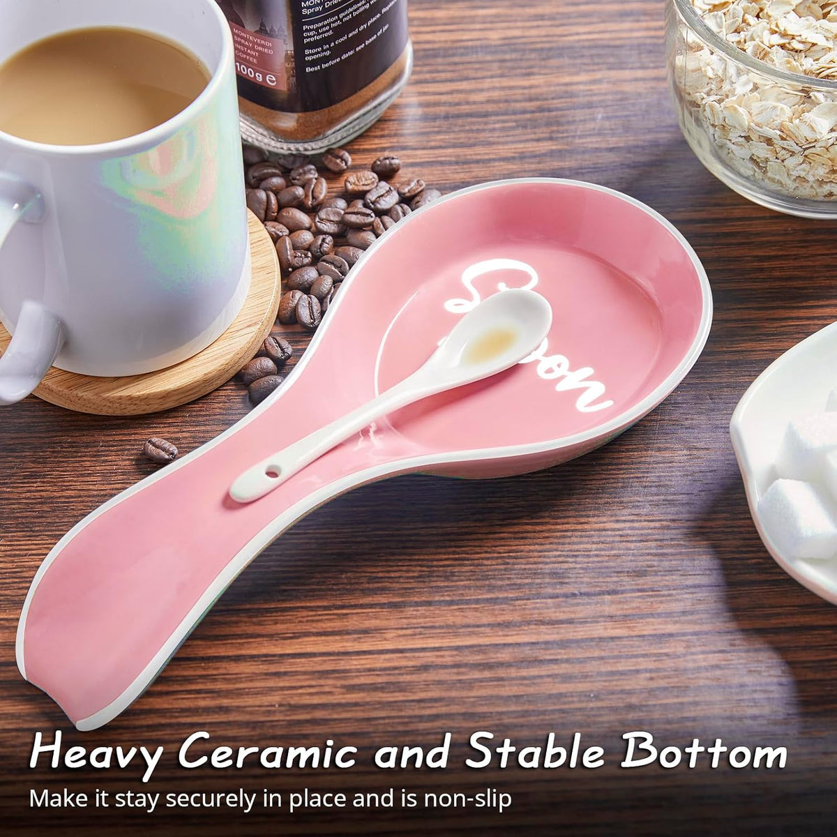 Ceramic Spoon Rest for Stove Top, Large Spoon Holder, Spoon Rest for Kitchen Counter, Utensil Rest for Ladles, Spatula, Tong, Pink Kitchen Decor and Accessories