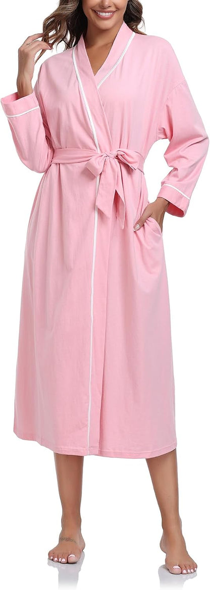 100% Cotton Women's Robes Summer Long Sleeve Bathrobe Lightweight