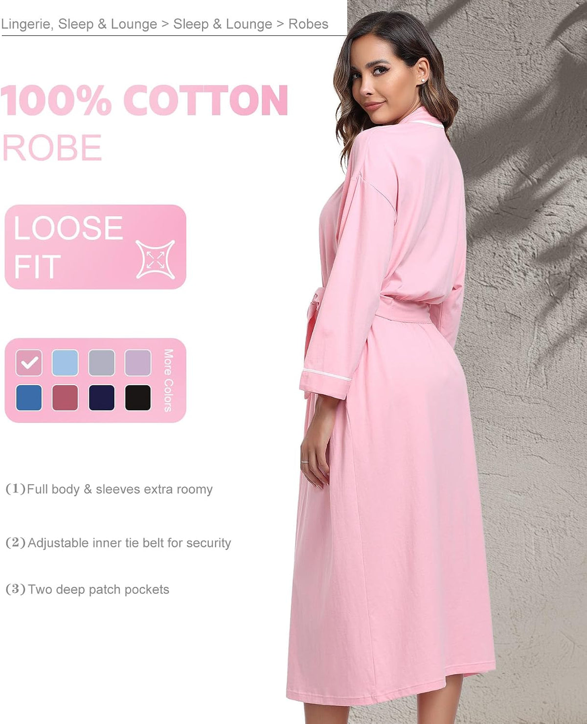 100% Cotton Women's Robes Summer Long Sleeve Bathrobe Lightweight