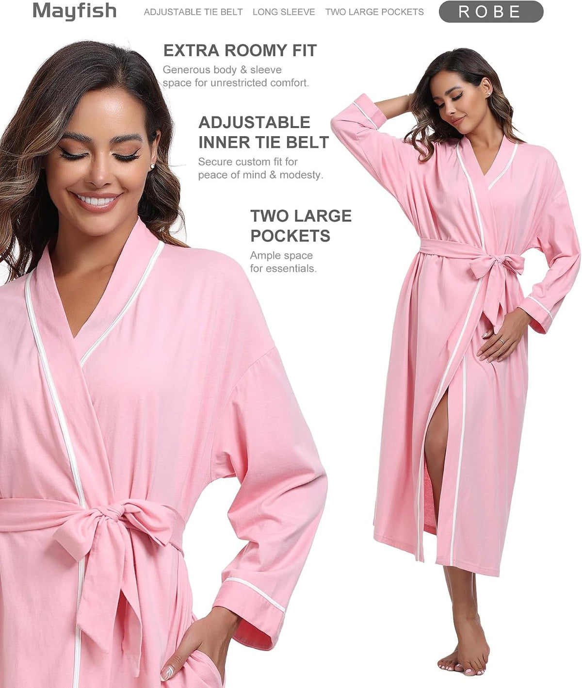 100% Cotton Women's Robes Summer Long Sleeve Bathrobe Lightweight