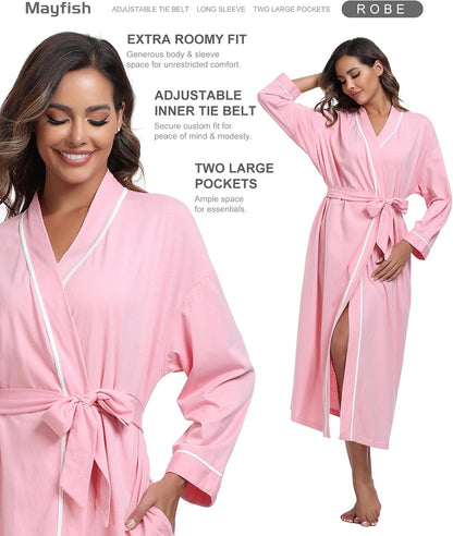 100% Cotton Women's Robes Summer Long Sleeve Bathrobe Lightweight