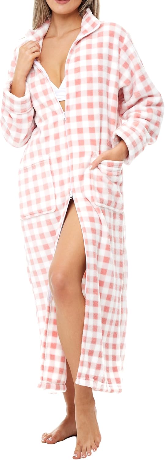 Women's Long Sleeve Plush Fleece Zip Up Robe, Zipper Bathrobe