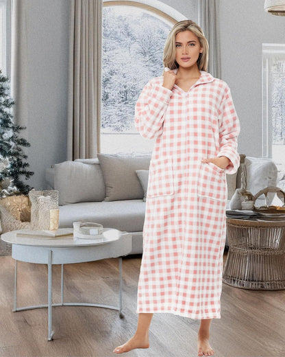 Women's Long Sleeve Plush Fleece Zip Up Robe, Zipper Bathrobe