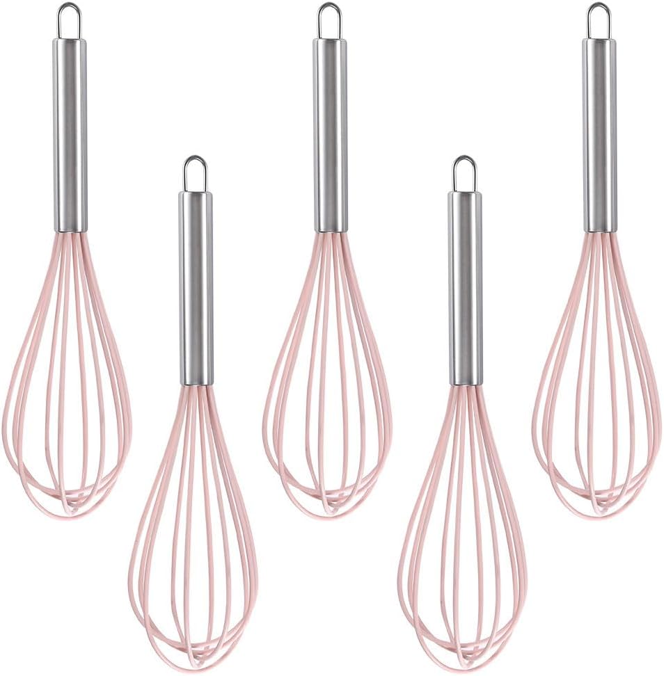 5-Piece Silicone Whisk Stainless Steel Handle, 10-Inch Kitchen Egg Beater Milk Frothers for Cooking, Classic Mixer Balloon Wire Whisk for Blending, Whisking, Beating and Stirring (Pink)
