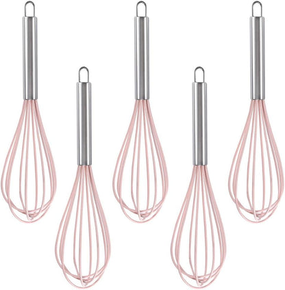 5-Piece Silicone Whisk Stainless Steel Handle, 10-Inch Kitchen Egg Beater Milk Frothers for Cooking, Classic Mixer Balloon Wire Whisk for Blending, Whisking, Beating and Stirring (Pink)