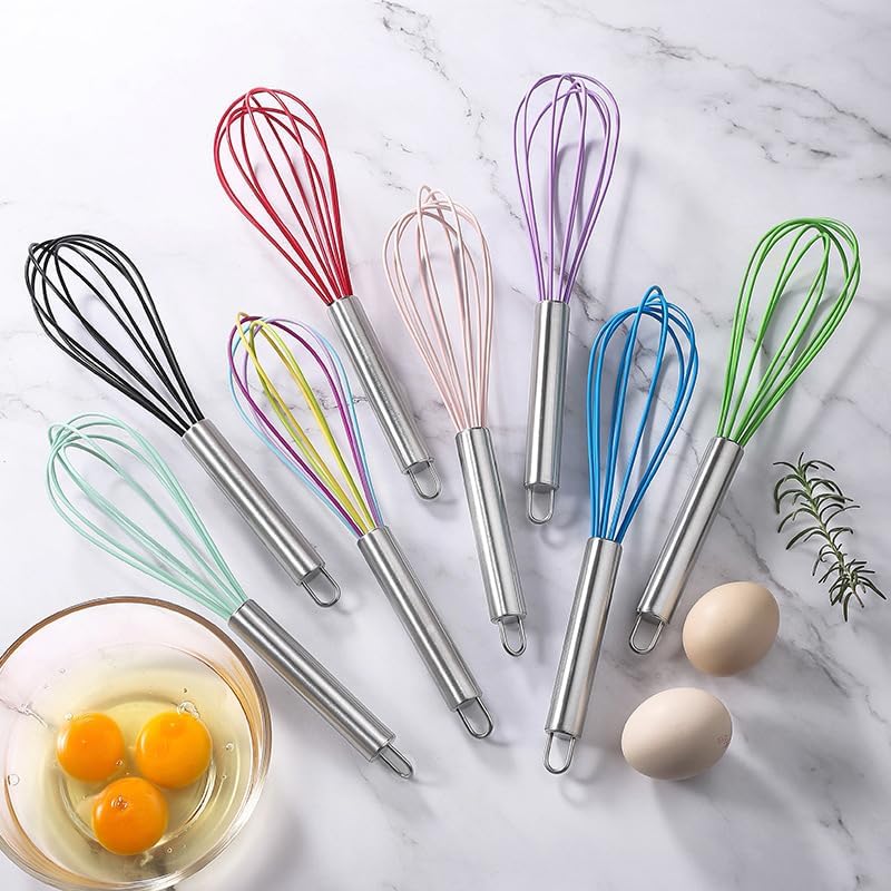 5-Piece Silicone Whisk Stainless Steel Handle, 10-Inch Kitchen Egg Beater Milk Frothers for Cooking, Classic Mixer Balloon Wire Whisk for Blending, Whisking, Beating and Stirring (Pink)