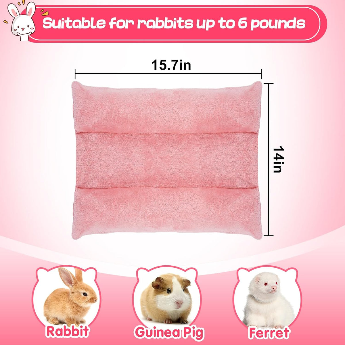 15.7" x 14" Soft Bunny Bed - Rabbit Bed, Warm Cuddle Cushion Plush Mat for Guinea Pig, Ferret, Small Animal - Pink