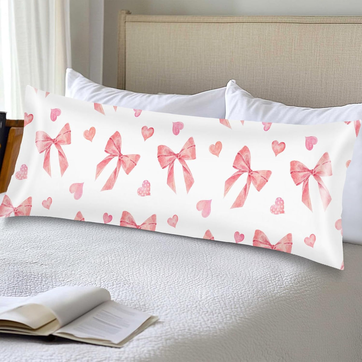 Pink Ribbon Bow Silk Satin Body Pillow Cover for Hair and Skin,Long Pillow Case Protector with Envelope Closure,Large Pillow Covers Decorative Bed Cushion Covers Cases for Sleep,20"x54",Peach