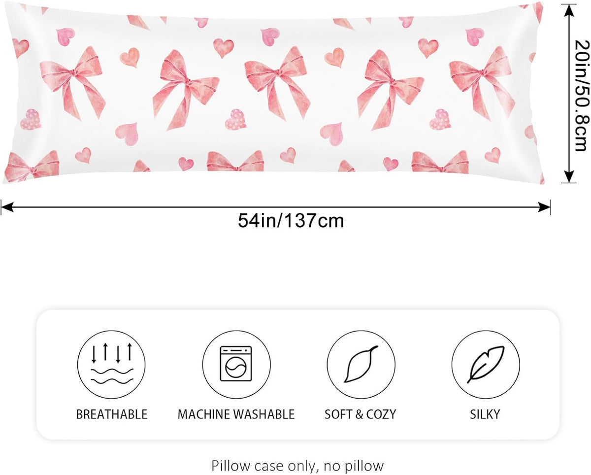Pink Ribbon Bow Silk Satin Body Pillow Cover for Hair and Skin,Long Pillow Case Protector with Envelope Closure,Large Pillow Covers Decorative Bed Cushion Covers Cases for Sleep,20"x54",Peach