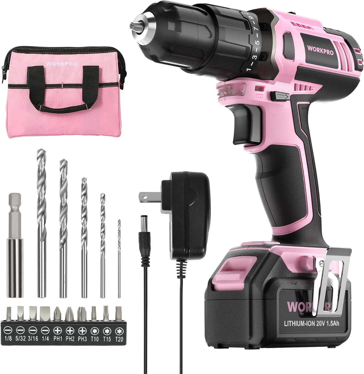20V Cordless Drill Driver Set, Pink, 3/8" Keyless Chuck