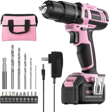 20V Cordless Drill Driver Set, Pink, 3/8" Keyless Chuck