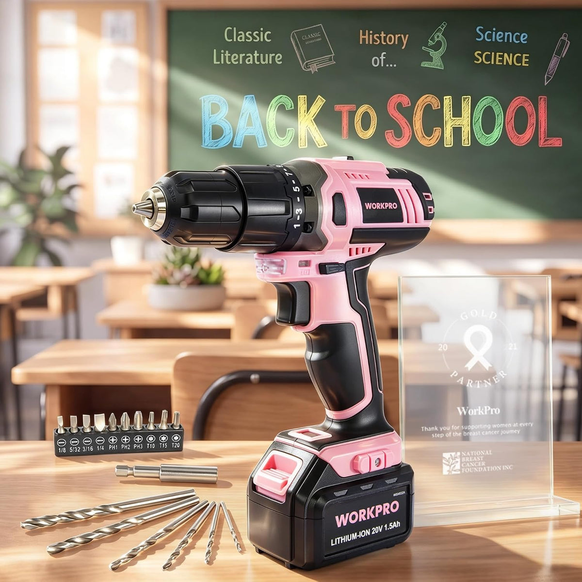 20V Cordless Drill Driver Set, Pink, 3/8" Keyless Chuck