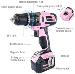 20V Cordless Drill Driver Set, Pink, 3/8" Keyless Chuck