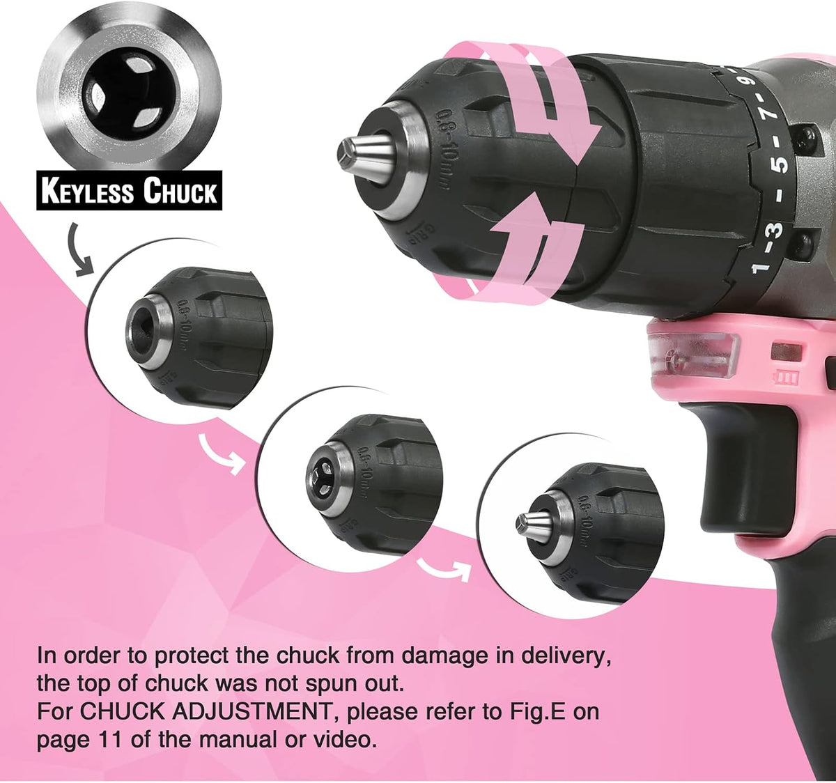 20V Cordless Drill Driver Set, Pink, 3/8" Keyless Chuck